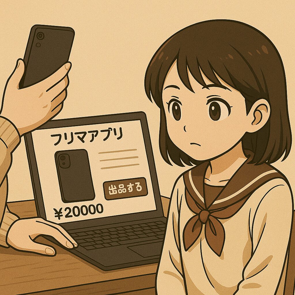 古いスマホをメルカリに出品しているイラスト
